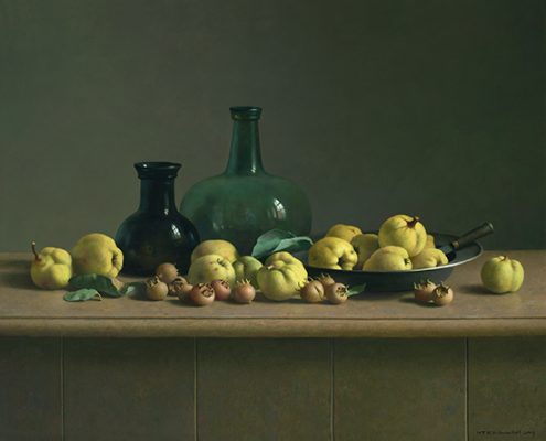 Henk Helmantel, Still life with quinces and two bottles, 2019, oil on panel, 100 x 122 cm. Museum Helmantel Collection. Photograph: Art Revisited, Tolbert