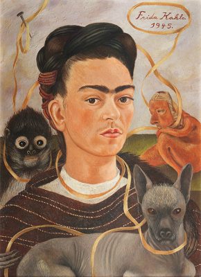 Frida Kahlo, Self-Portrait with Small Monkey, 1945, oil on masonite. Collection Museo Dolores Olmedo, Xochimilco, Mexico © 2020 Banco de México, Fideicomiso Museos Diego Rivera y Frida Kahlo. Av. 5 de Mayo 2, col. Centro, Cuauhtémoc, 06000, Ciudad de México/ Reproduction authorized by El Instituto Nacional de Bellas Artes y Literatura, 2020