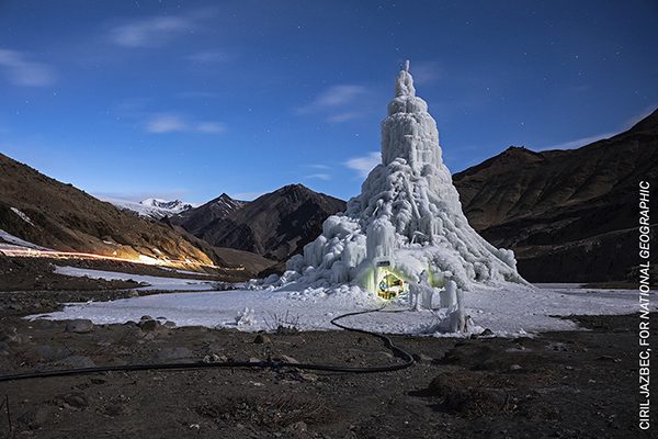 The youth group that built this ice stupa in the village of Gya installed a café in its base. They used the proceeds to take the village elders on a pilgrimage. By Ciril Jazbec