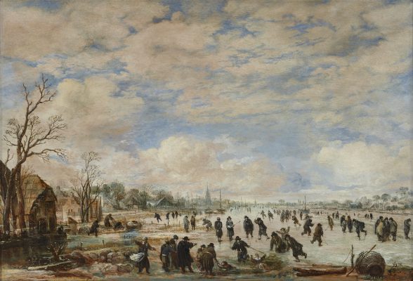 
Aert van der Neer (1604 - 1677), Skaters and ‘kolf’ players on a frozen waterway. Oil on panel, 33.6 x 49 cm. Collection Floris van Wanroij Fine Art.
