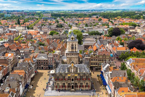 Panoramic aerial view of Delft in a beautiful summer day, The Netherlands
